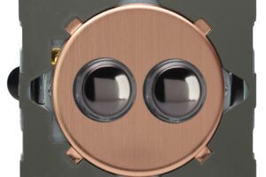 Sorolható dupla egyutas csengő nyomógomb modul - szálcsiszolt vörösréz